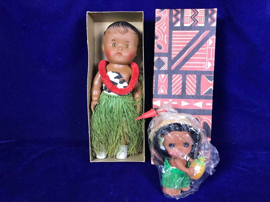New Old Stock 1956 Hawaiian Doll In Box By The Sun Rubber Co And Small Hawaiian Hula Skirt Doll With Pineapple [Photo 1]