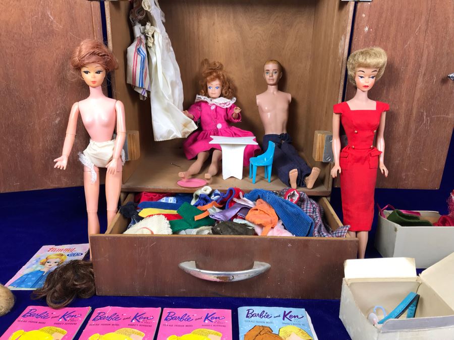 JUST ADDED - Vintage Barbie, Ken And Midge Dolls, Barbie Doll Clothing, Accessories, (3) 1961 Barbie And Ken Mattel Product Catalogs And Wooden Doll Case [Photo 1]