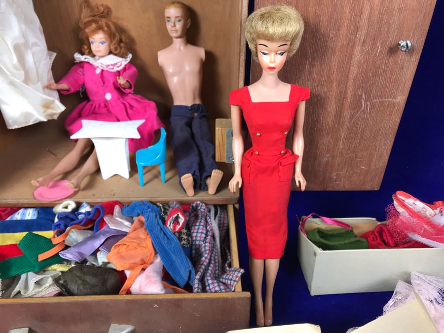 JUST ADDED - Vintage Barbie, Ken And Midge Dolls, Barbie Doll Clothing, Accessories, (3) 1961 Barbie And Ken Mattel Product Catalogs And Wooden Doll Case [Photo 4]