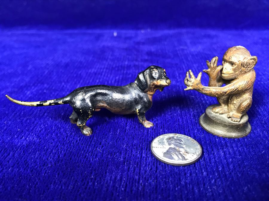 JUST ADDED - Pair Of Vintage Hand Painted Metal Animal Figurines And Steel 1943S Wheat Penny