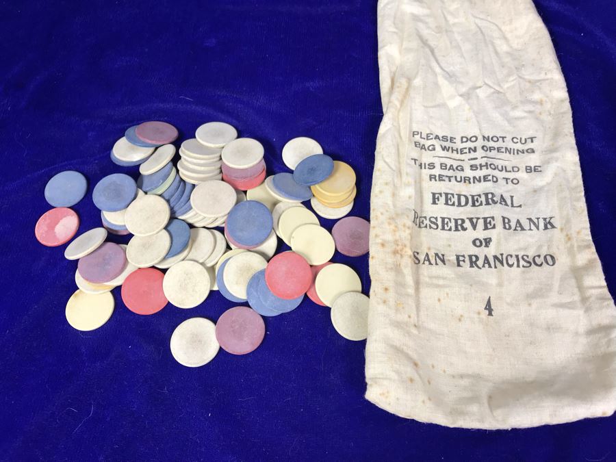 JUST ADDED - Vintage Clay Poker Chips And Federal Reserve Bank Of San Francisco Bank Bag [Photo 1]