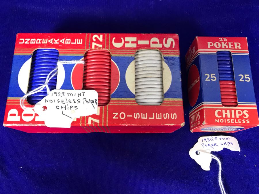 JUST ADDED - Mint 1929 Noiseless Poker Chips With Box And 1930's Mint Poker Chips [Photo 1]