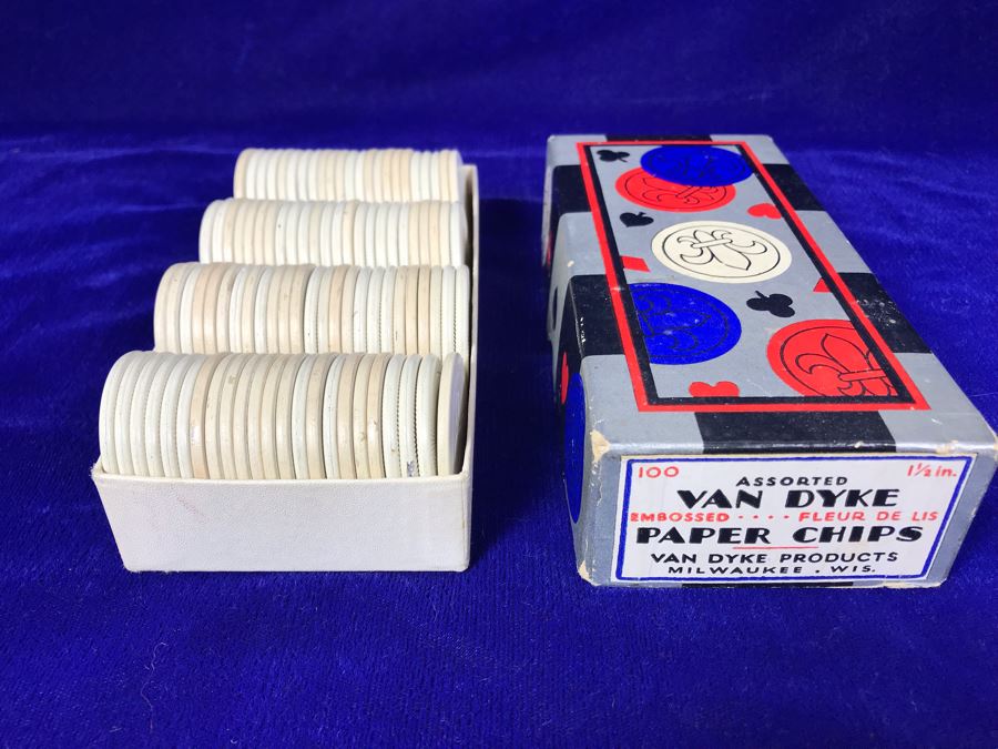 JUST ADDED - Van Dyke Embossed Fluer De Lis Paper Poker Chips With Box [Photo 1]