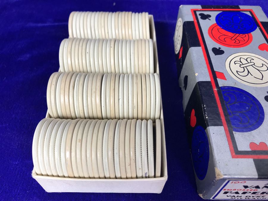 JUST ADDED - Van Dyke Embossed Fluer De Lis Paper Poker Chips With Box [Photo 3]