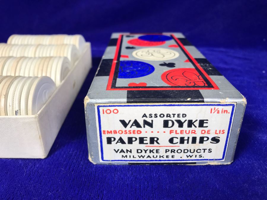 JUST ADDED - Van Dyke Embossed Fluer De Lis Paper Poker Chips With Box [Photo 2]