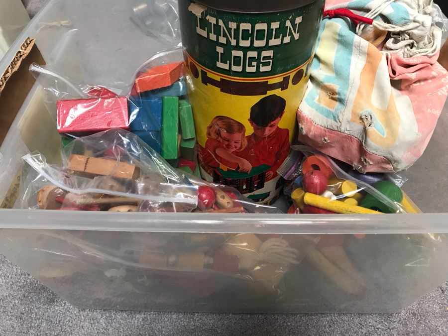 JUST ADDED - Bin Filled With Vintage Toy Building Blocks And Vintage Lincoln Logs Set [Photo 1]