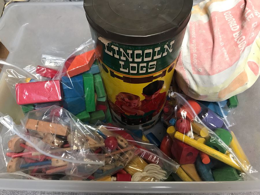 JUST ADDED - Bin Filled With Vintage Toy Building Blocks And Vintage Lincoln Logs Set [Photo 3]