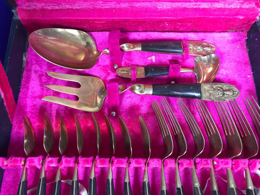 Set Of Bronze Ware Flatware With Box From Bangkok Thailand Siam By