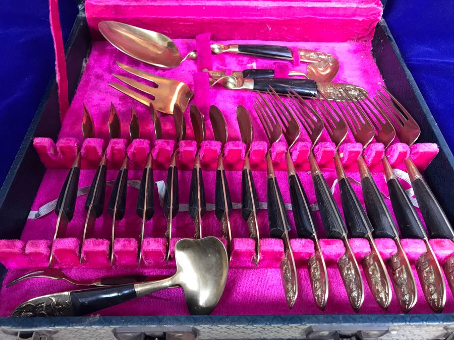 Set Of Bronze Ware Flatware With Box From Bangkok Thailand Siam By