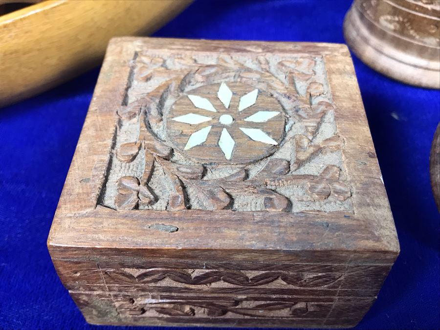 Carved Pineapple Bowl Filled With Various Carved Fruit And Pair Of Carved Wooden Boxes [Photo 6]