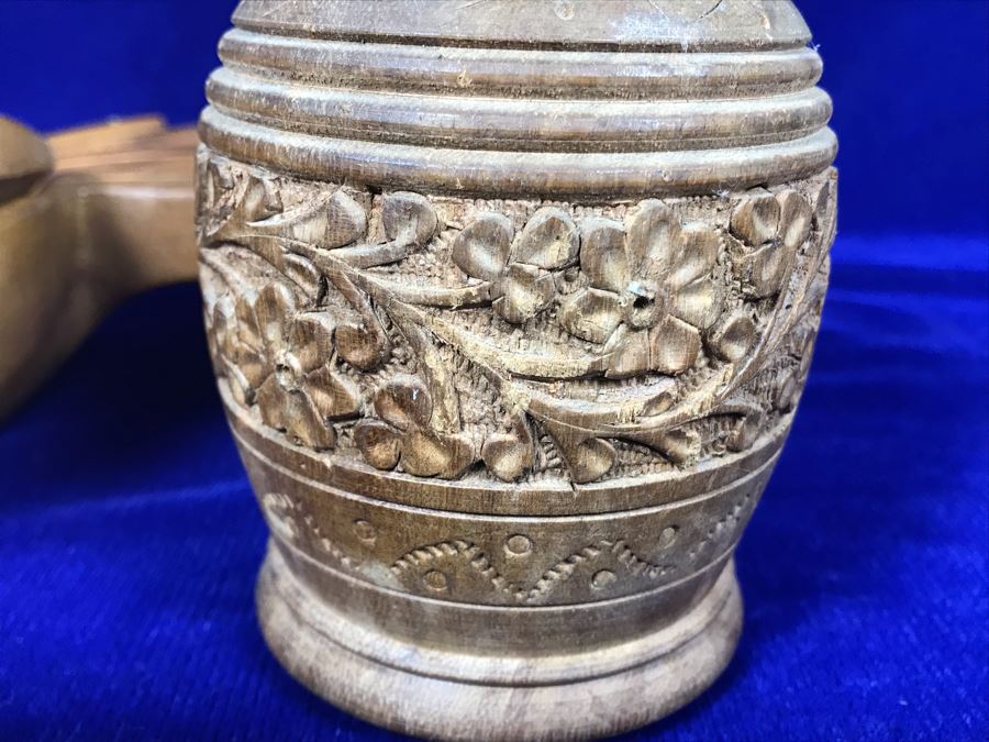 Carved Pineapple Bowl Filled With Various Carved Fruit And Pair Of Carved Wooden Boxes [Photo 4]