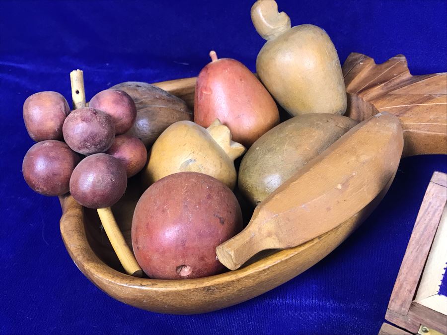 Carved Pineapple Bowl Filled With Various Carved Fruit And Pair Of Carved Wooden Boxes [Photo 8]