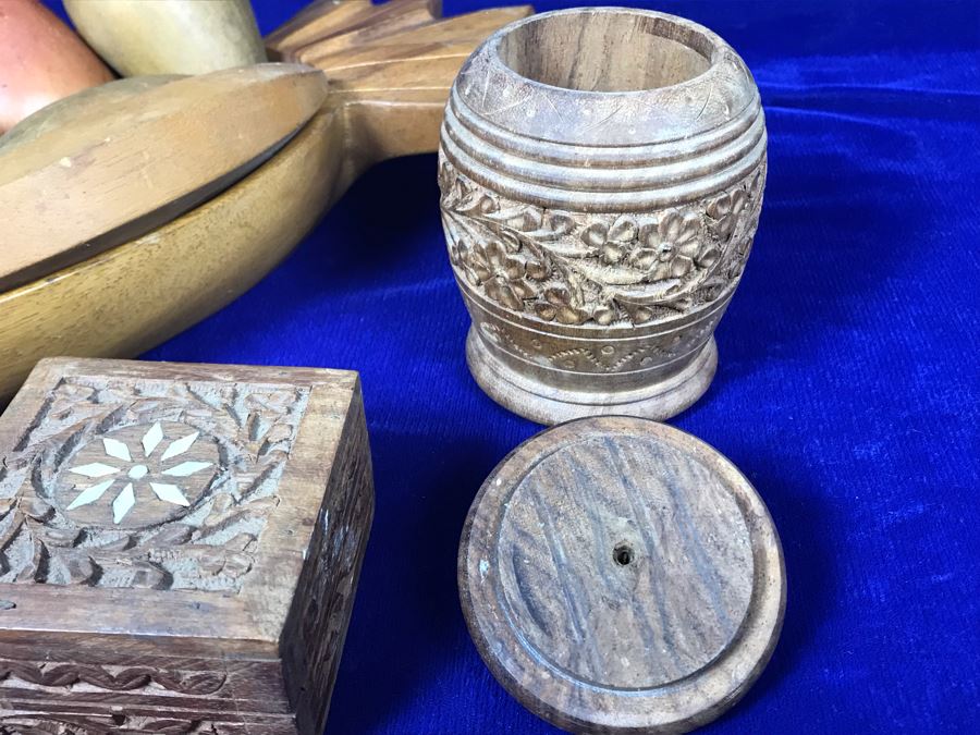 Carved Pineapple Bowl Filled With Various Carved Fruit And Pair Of Carved Wooden Boxes [Photo 5]