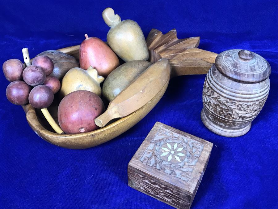 Carved Pineapple Bowl Filled With Various Carved Fruit And Pair Of Carved Wooden Boxes