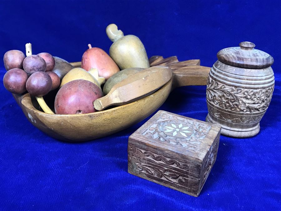 Carved Pineapple Bowl Filled With Various Carved Fruit And Pair Of Carved Wooden Boxes [Photo 2]