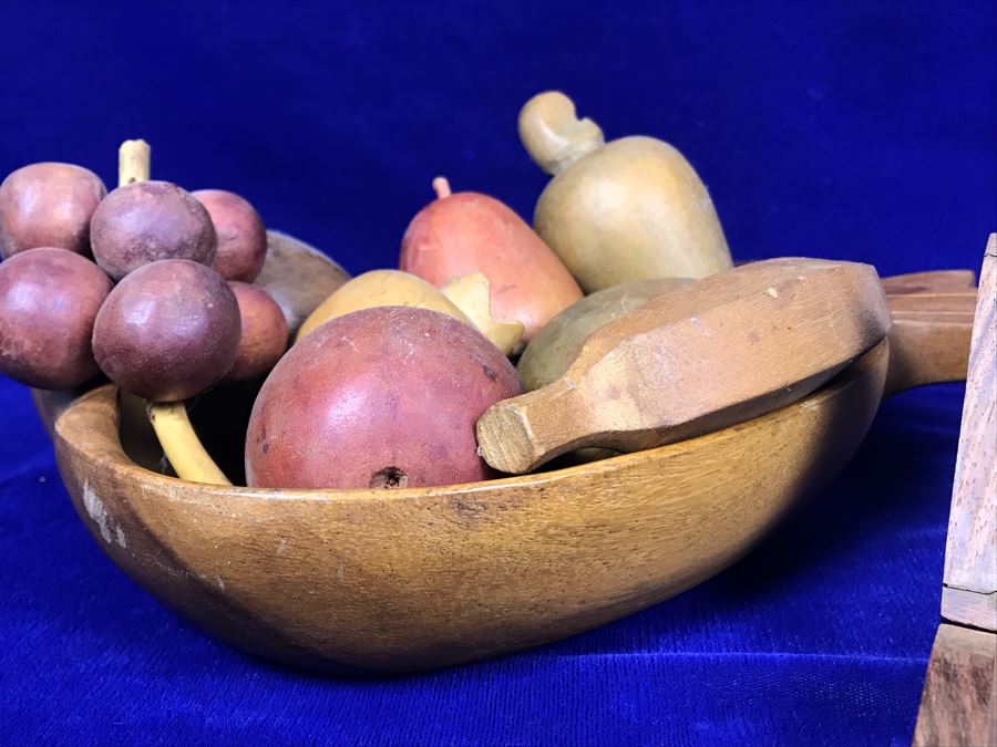 Carved Pineapple Bowl Filled With Various Carved Fruit And Pair Of Carved Wooden Boxes [Photo 12]