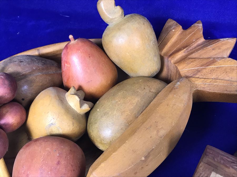 Carved Pineapple Bowl Filled With Various Carved Fruit And Pair Of Carved Wooden Boxes [Photo 10]