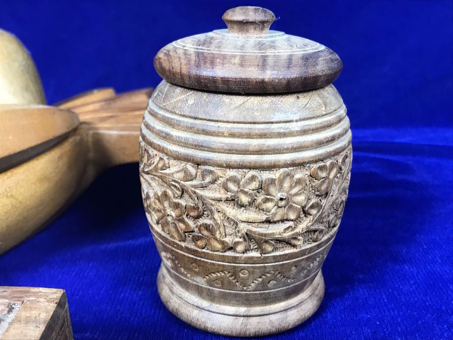 Carved Pineapple Bowl Filled With Various Carved Fruit And Pair Of Carved Wooden Boxes [Photo 3]