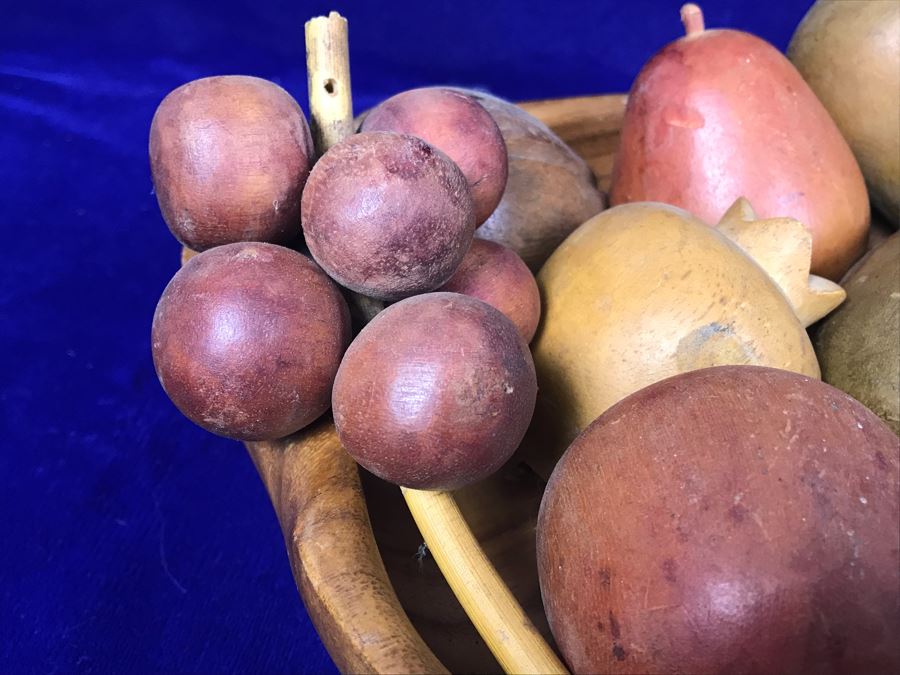 Carved Pineapple Bowl Filled With Various Carved Fruit And Pair Of Carved Wooden Boxes [Photo 9]
