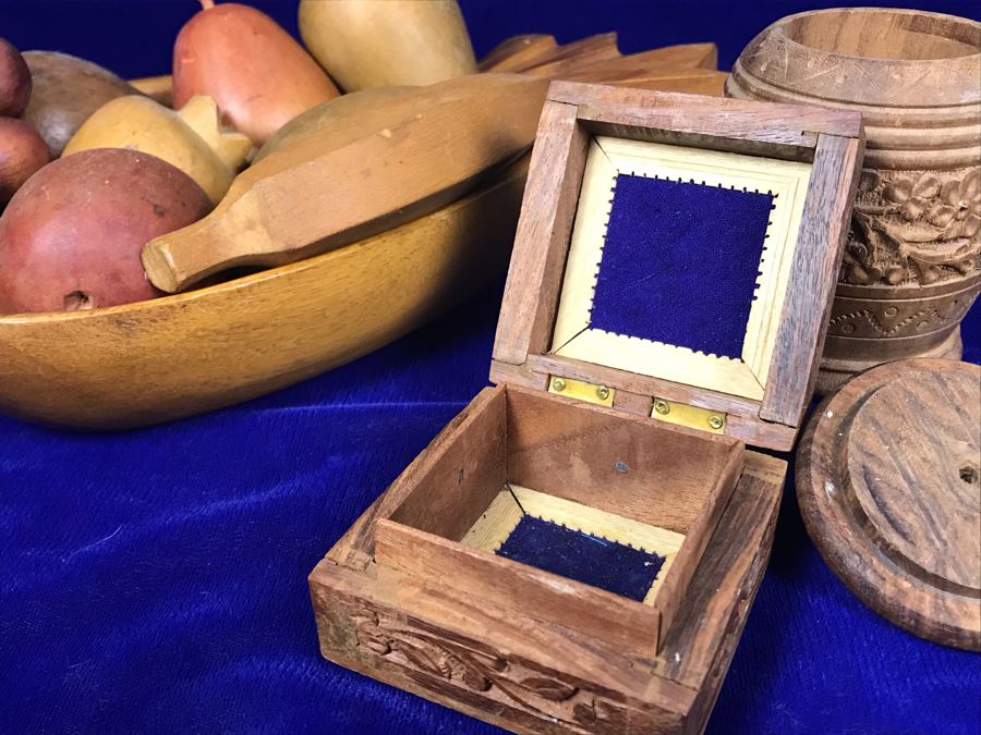 Carved Pineapple Bowl Filled With Various Carved Fruit And Pair Of Carved Wooden Boxes [Photo 7]