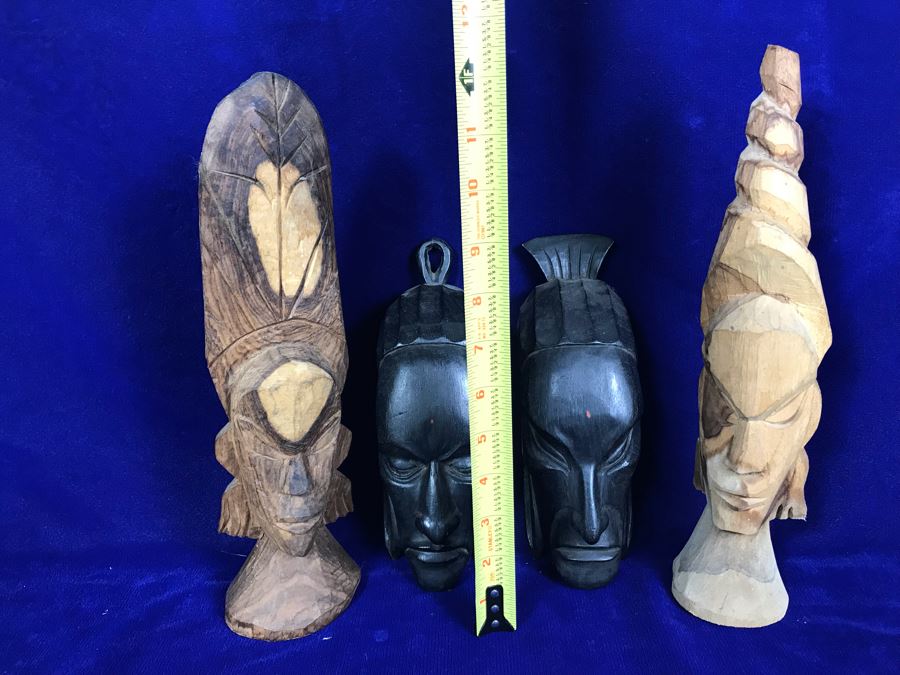Set Of (4) Hand Carved Wooden Ethnic Sculptures Figurines - Outer Figures 12'H [Photo 9]