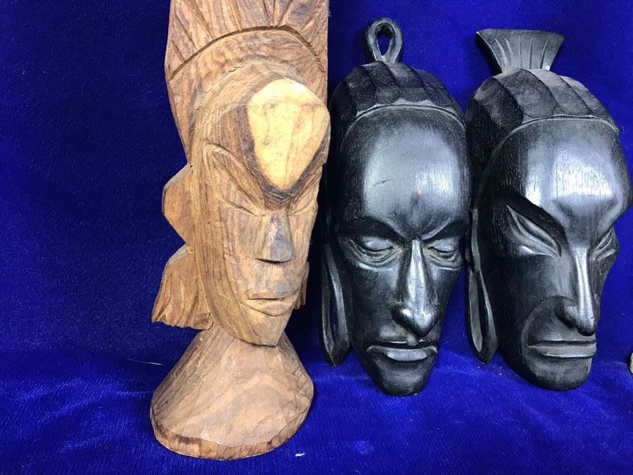 Set Of (4) Hand Carved Wooden Ethnic Sculptures Figurines - Outer Figures 12'H [Photo 2]