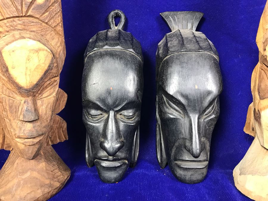 Set Of (4) Hand Carved Wooden Ethnic Sculptures Figurines - Outer Figures 12'H [Photo 3]