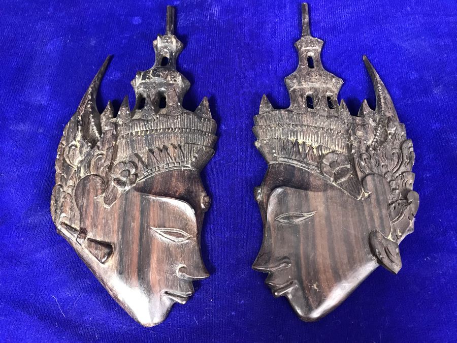 Pair Of Hand Carved Wooden Thailand Face Wall Sculptures 11' X 5' [Photo 2]
