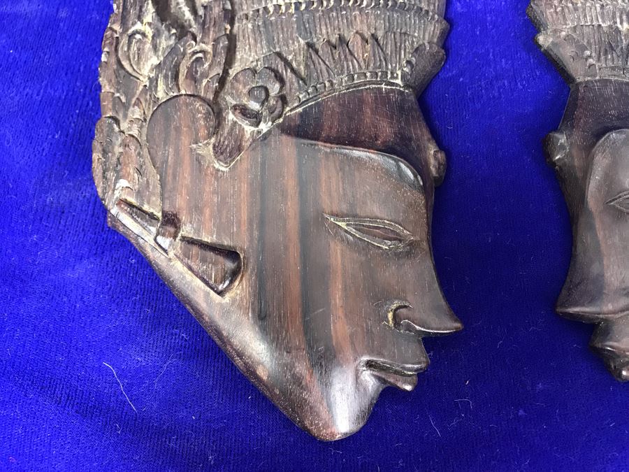 Pair Of Hand Carved Wooden Thailand Face Wall Sculptures 11' X 5' [Photo 3]