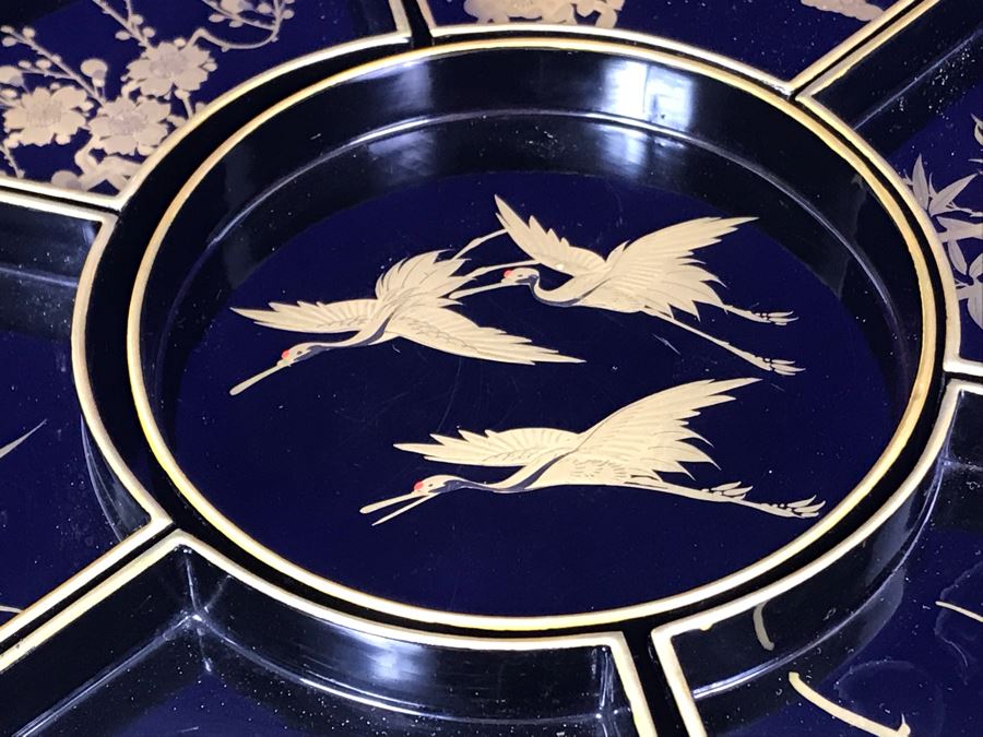 Stunning Vintage Asian Black And Gold Lacquer Divided Tray Box 12'R [Photo 12]