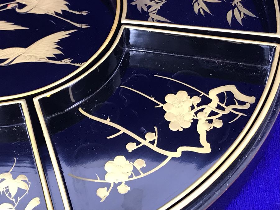 Stunning Vintage Asian Black And Gold Lacquer Divided Tray Box 12'R [Photo 14]