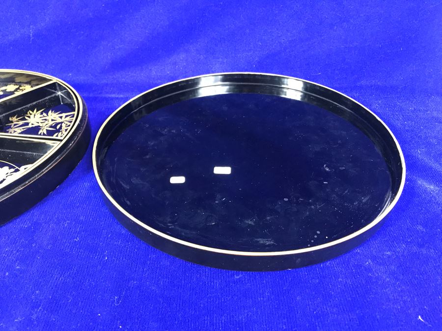 Stunning Vintage Asian Black And Gold Lacquer Divided Tray Box 12'R [Photo 16]
