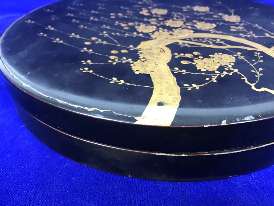 Stunning Vintage Asian Black And Gold Lacquer Divided Tray Box 12'R [Photo 22]