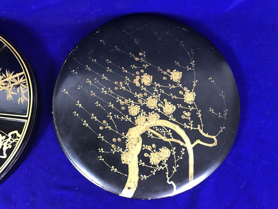 Stunning Vintage Asian Black And Gold Lacquer Divided Tray Box 12'R [Photo 3]
