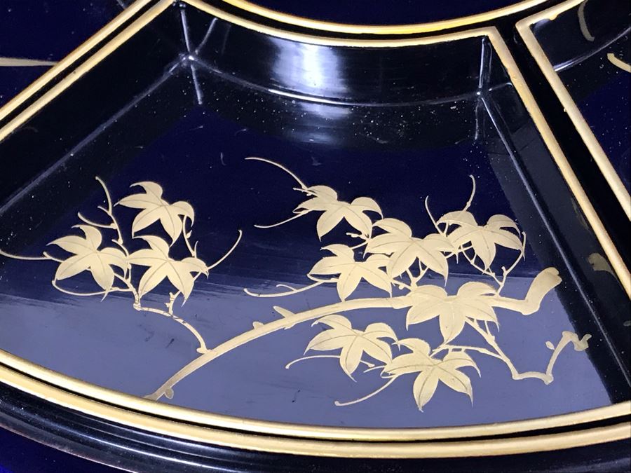 Stunning Vintage Asian Black And Gold Lacquer Divided Tray Box 12'R [Photo 13]