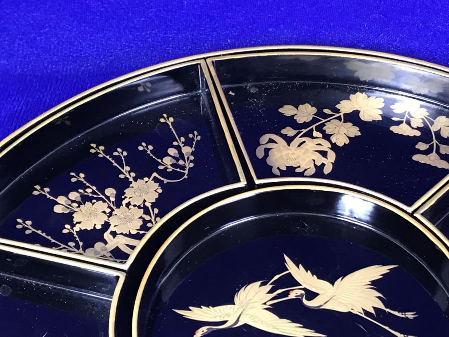 Stunning Vintage Asian Black And Gold Lacquer Divided Tray Box 12'R [Photo 15]