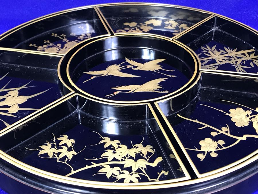 Stunning Vintage Asian Black And Gold Lacquer Divided Tray Box 12'R [Photo 8]