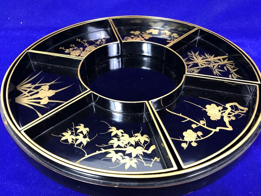 Stunning Vintage Asian Black And Gold Lacquer Divided Tray Box 12'R [Photo 21]