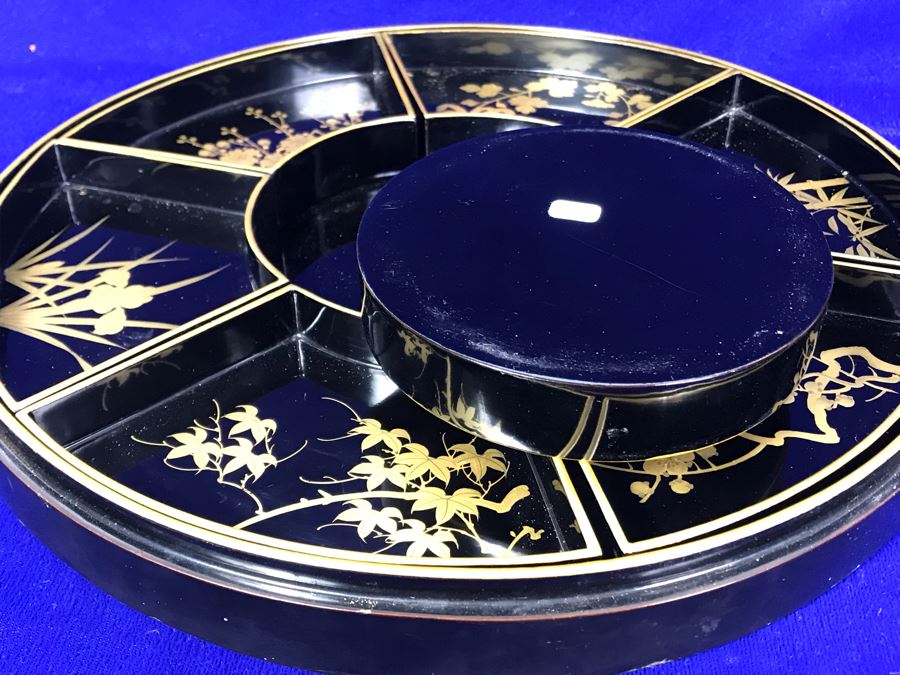 Stunning Vintage Asian Black And Gold Lacquer Divided Tray Box 12'R [Photo 19]
