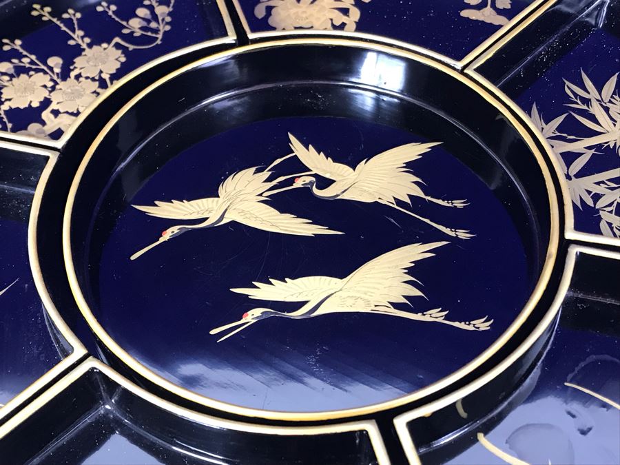 Stunning Vintage Asian Black And Gold Lacquer Divided Tray Box 12'R [Photo 9]