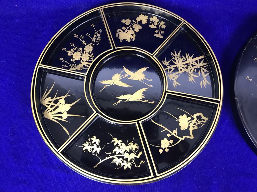 Stunning Vintage Asian Black And Gold Lacquer Divided Tray Box 12'R [Photo 7]
