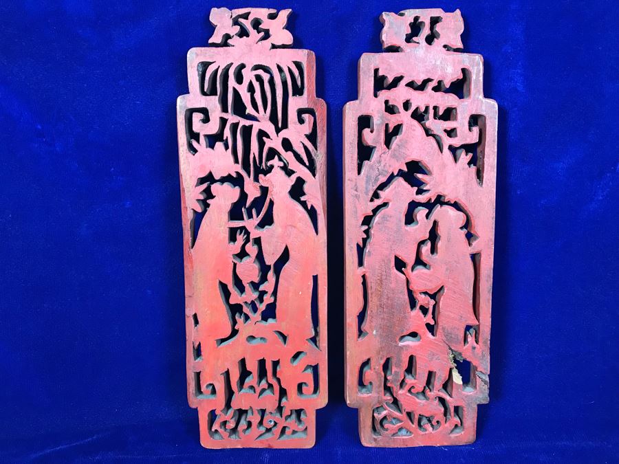 Pair Of Antique Chinese Gilded Carved Wooden Scenic Panels Wall Hangings 15'H [Photo 11]