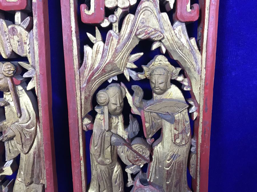 Pair Of Antique Chinese Gilded Carved Wooden Scenic Panels Wall Hangings 15'H [Photo 7]