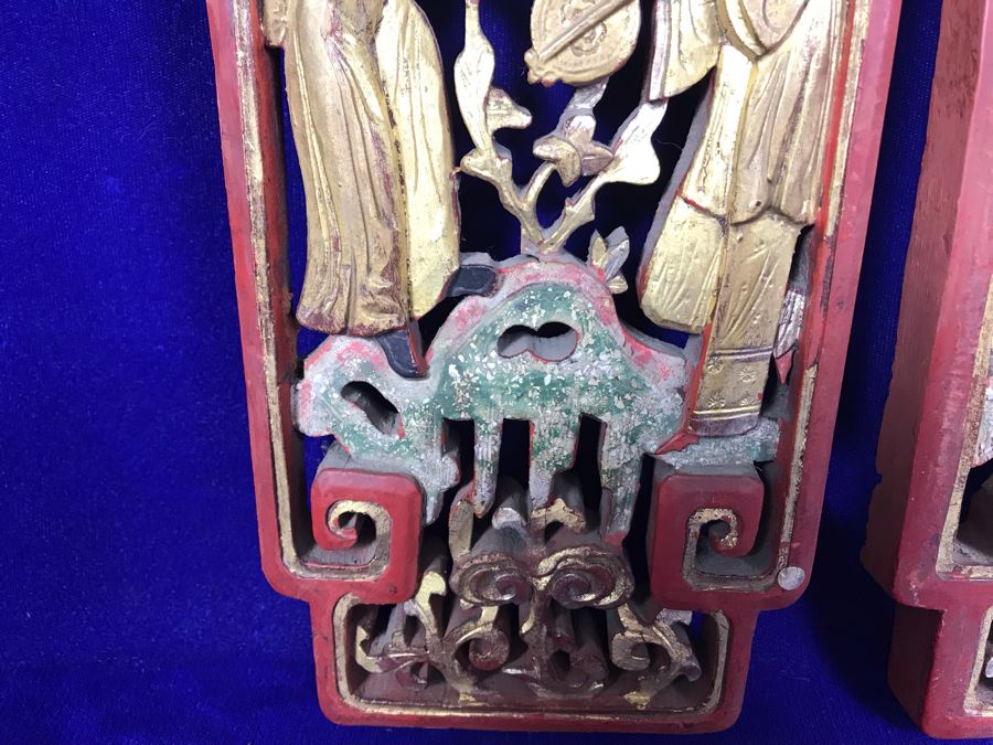 Pair Of Antique Chinese Gilded Carved Wooden Scenic Panels Wall Hangings 15'H [Photo 4]