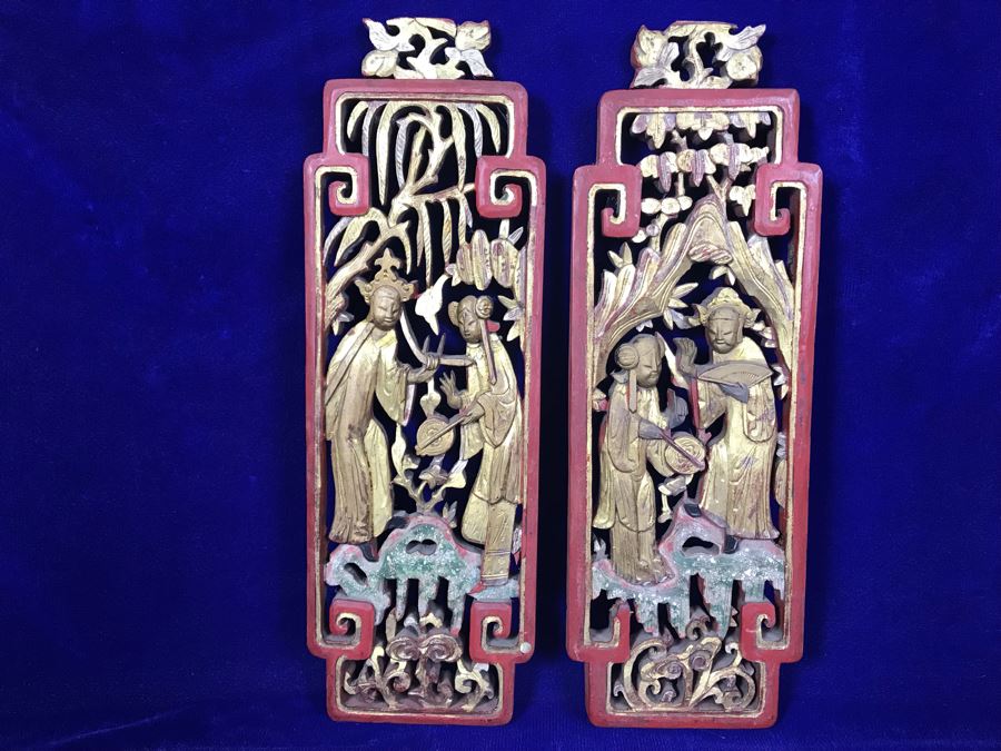 Pair Of Antique Chinese Gilded Carved Wooden Scenic Panels Wall Hangings 15'H