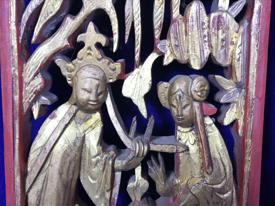 Pair Of Antique Chinese Gilded Carved Wooden Scenic Panels Wall Hangings 15'H [Photo 6]