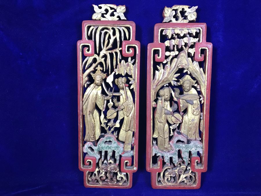 Pair Of Antique Chinese Gilded Carved Wooden Scenic Panels Wall Hangings 15'H [Photo 2]