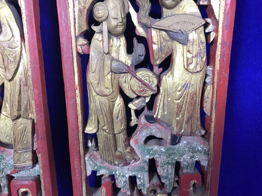 Pair Of Antique Chinese Gilded Carved Wooden Scenic Panels Wall