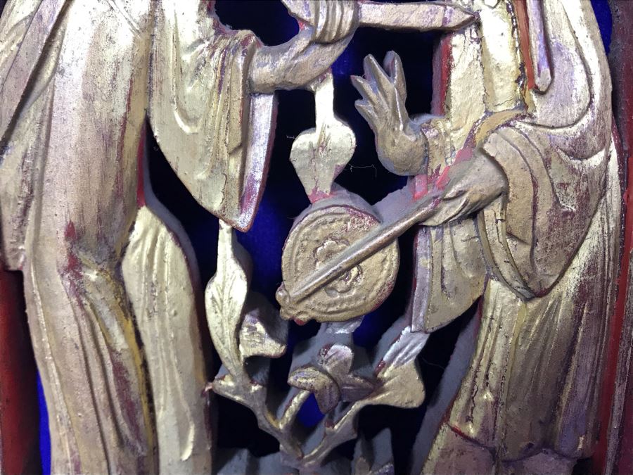 Pair Of Antique Chinese Gilded Carved Wooden Scenic Panels Wall Hangings 15'H [Photo 5]