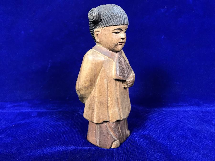 Vintage Hand Carved Chinese Wooden Figurine 6'H